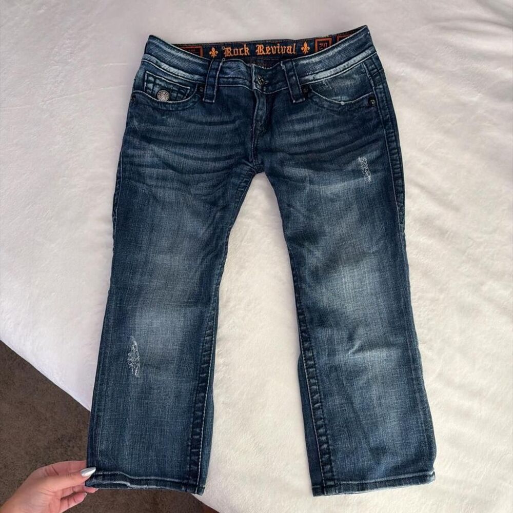 Rock Revival Blue Capri Jeans Women's Size 29 Orange Stitch Vintage Y2K Denim